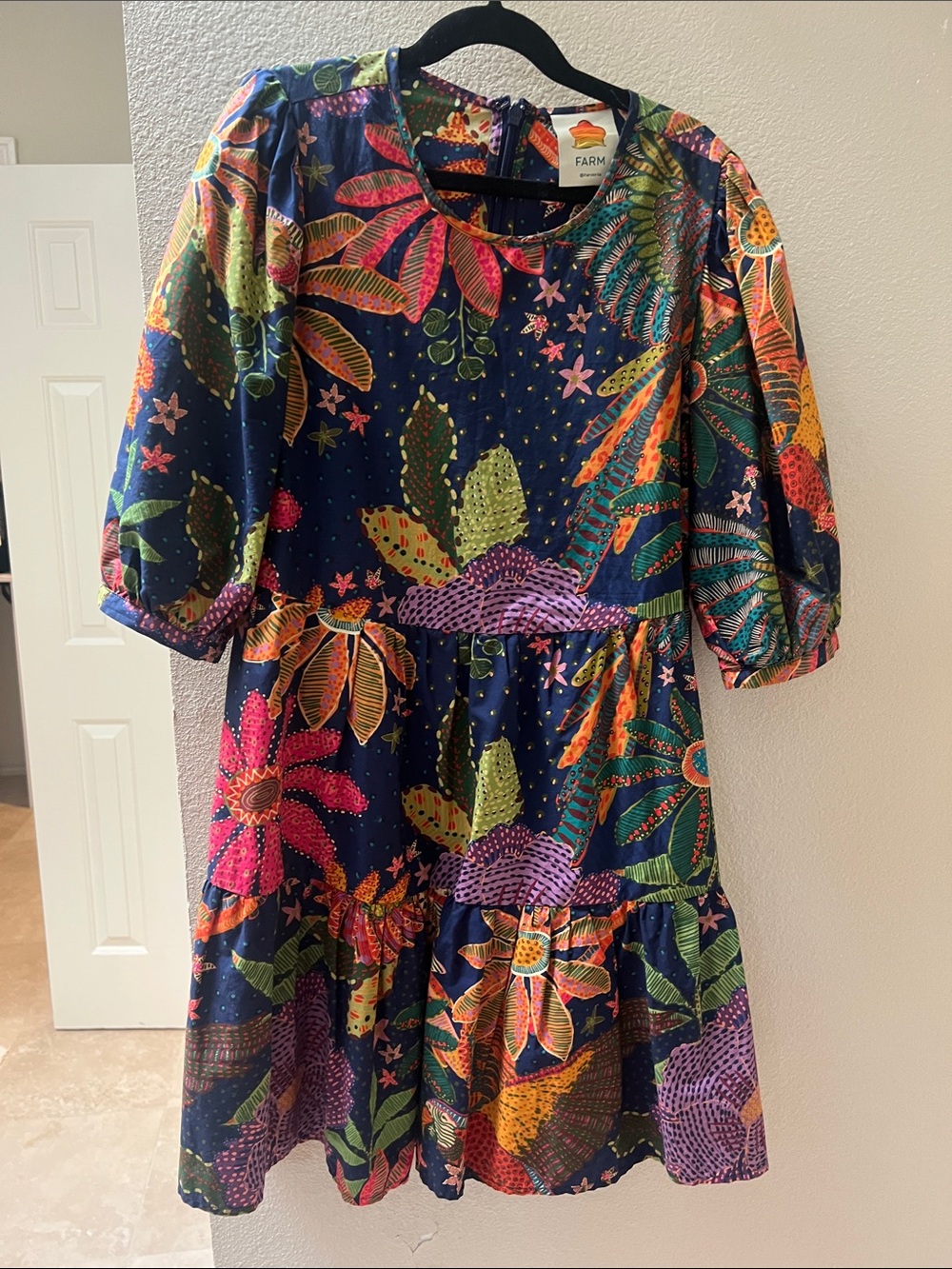 FARM Rio Navy Floral Tiered Dress with Bright Multicolor Print